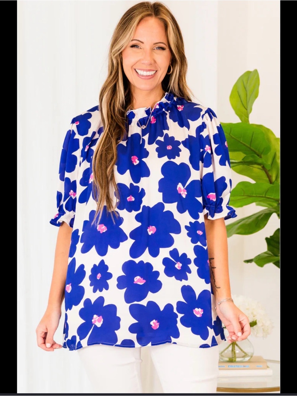 entro White Tunic with Bold Cobalt Floral Print